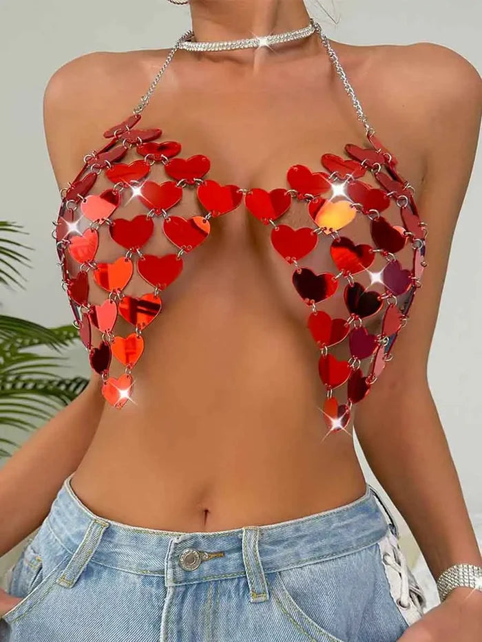 Red Sequin Bra - Heart Sequin Bralette Backless Top