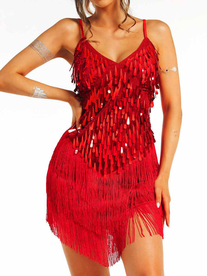 Red Sequin Fringe Spaghetti Strap Dress