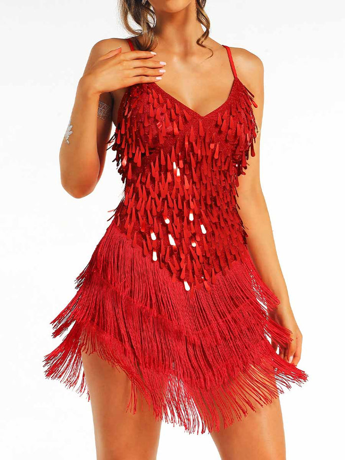 Red Sequin Fringe Spaghetti Strap Dress