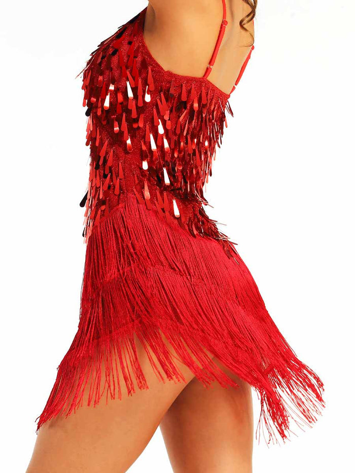 Red Sequin Fringe Spaghetti Strap Dress