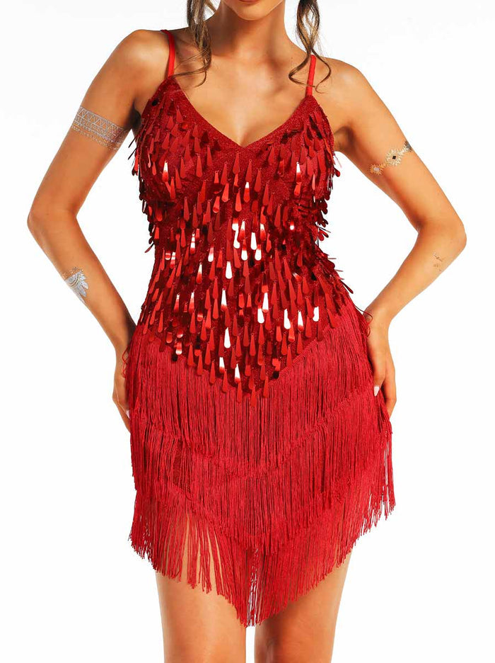 Red Sequin Fringe Spaghetti Strap Dress