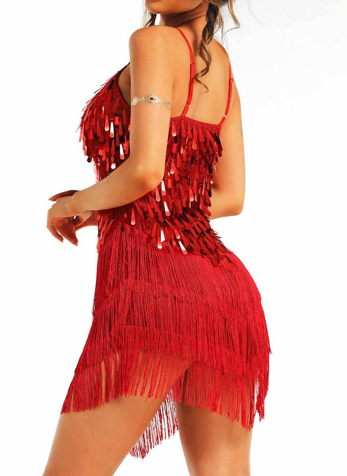 Red Sequin Fringe Spaghetti Strap Dress