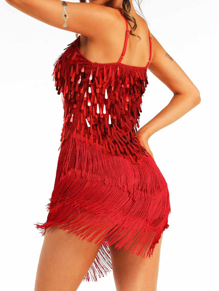 Red Sequin Fringe Spaghetti Strap Dress