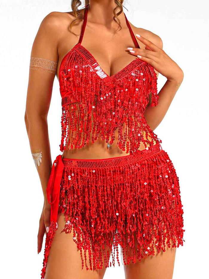Red Sequin Tassel Two-Piece Set