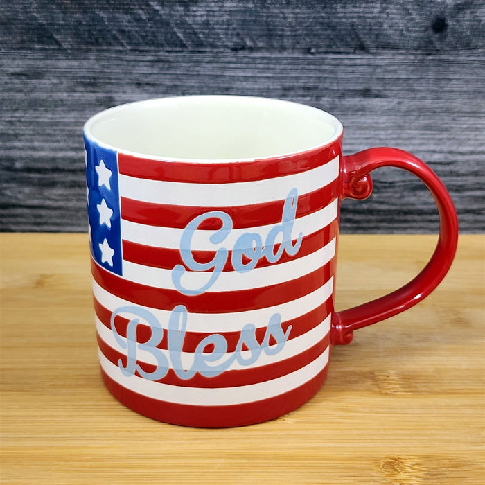 Red White Blue American Flag Mug God Bless Ceramic Coffee Cup Blue Sky 21oz