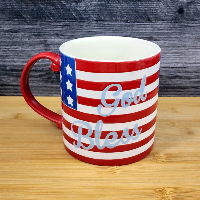 Red White Blue American Flag Mug God Bless Ceramic Coffee Cup Blue Sky 21oz