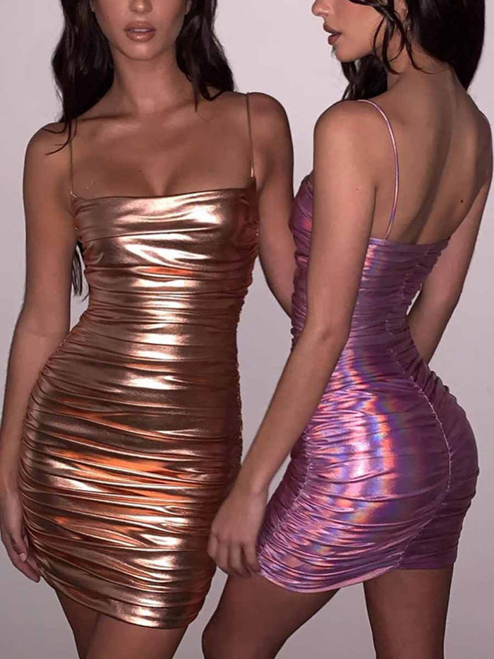 Reflective Metallic Pink Slip Dress
