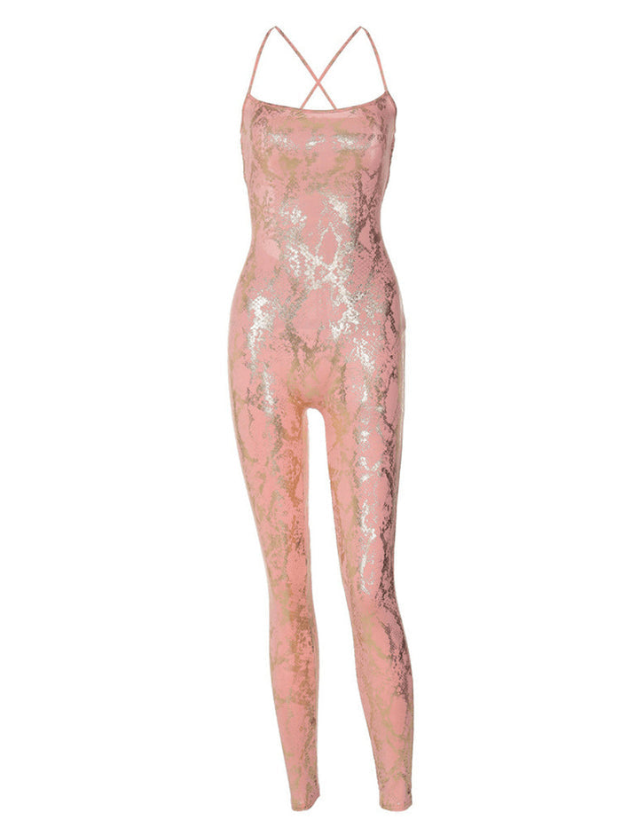 Reflective Snake Print High-Waisted Jumpsuit