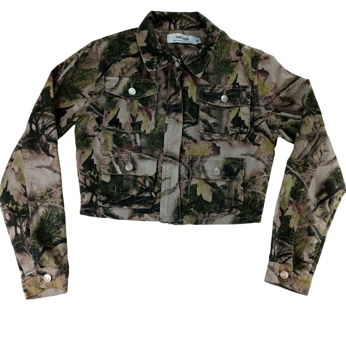 Refuge Camouflage Cropped Denim Jacket Women Size M Utility Pockets Casual0