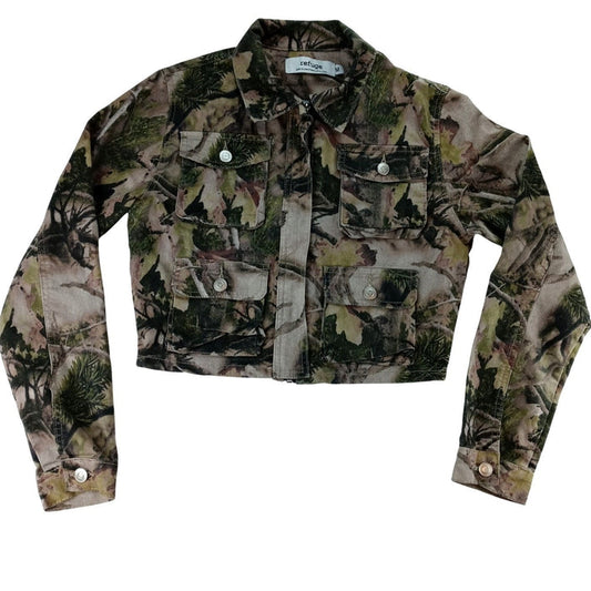 Refuge Camouflage Cropped Denim Jacket Women Size M Utility Pockets Casual0