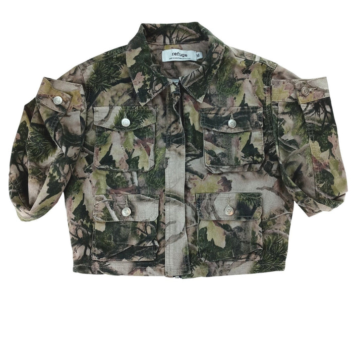 Refuge Camouflage Cropped Denim Jacket Women Size M Utility Pockets Casual2