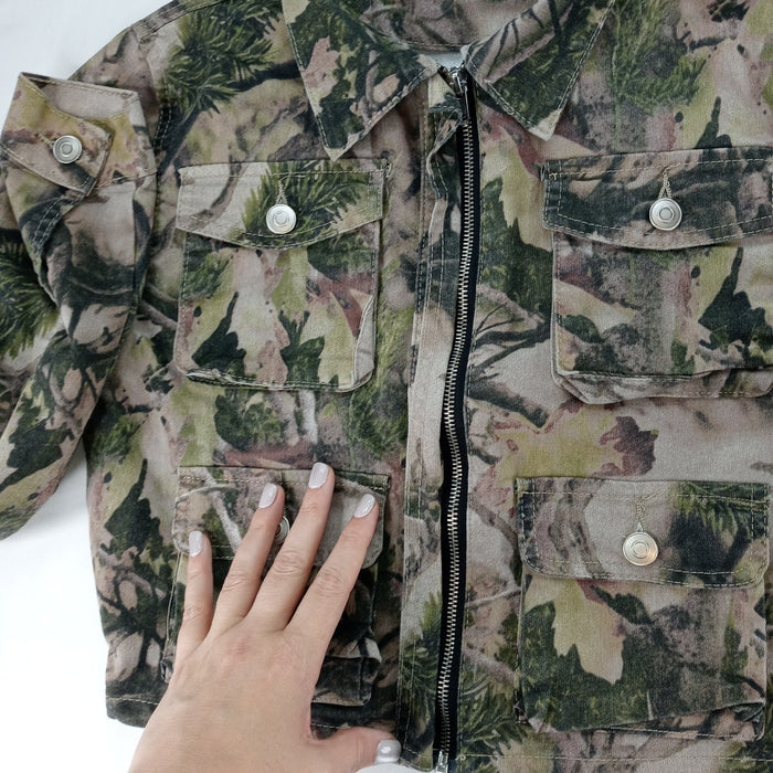 Refuge Camouflage Cropped Denim Jacket Women Size M Utility Pockets Casual3