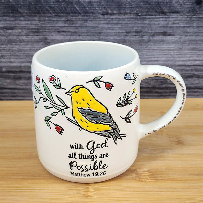 Religious Matthew 19:26 Inspiration Coffee Mug Floral Yellow Bird Cup Blue Sky