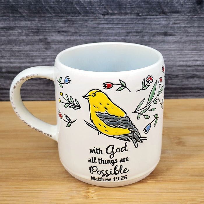 Religious Matthew 19:26 Inspiration Coffee Mug Floral Yellow Bird Cup Blue Sky