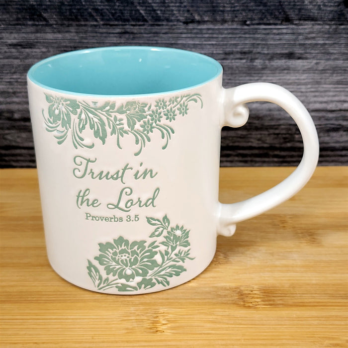 Religious Proverbs 3:5 Inspiration Coffee Mug Embossed Tea Cup by Blue Sky