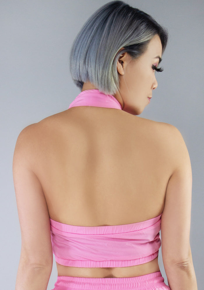 Hot & Delicious Retro Revival Cargo Halter Top in pink — model back view