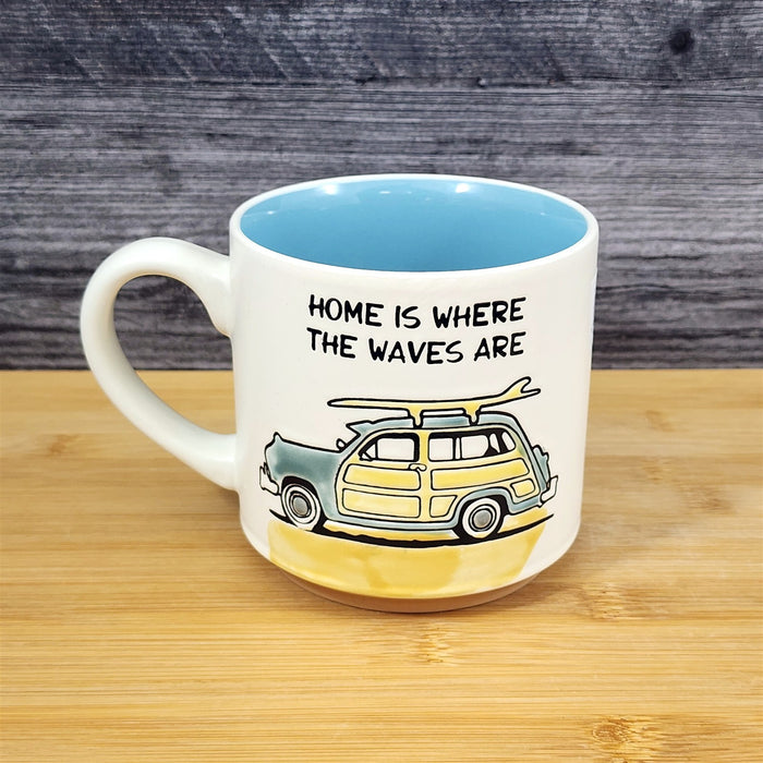 Retro Woodie Car Surfboard Coffee Mug Ceramic Ocean Lover Tea Cup Blue Sky 18oz