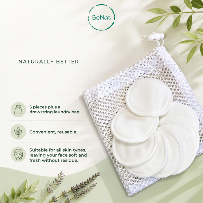 Other features of BeNat Reusable Facial Rounds Pads 5-pack in zero-waste eco-friendly packaging
