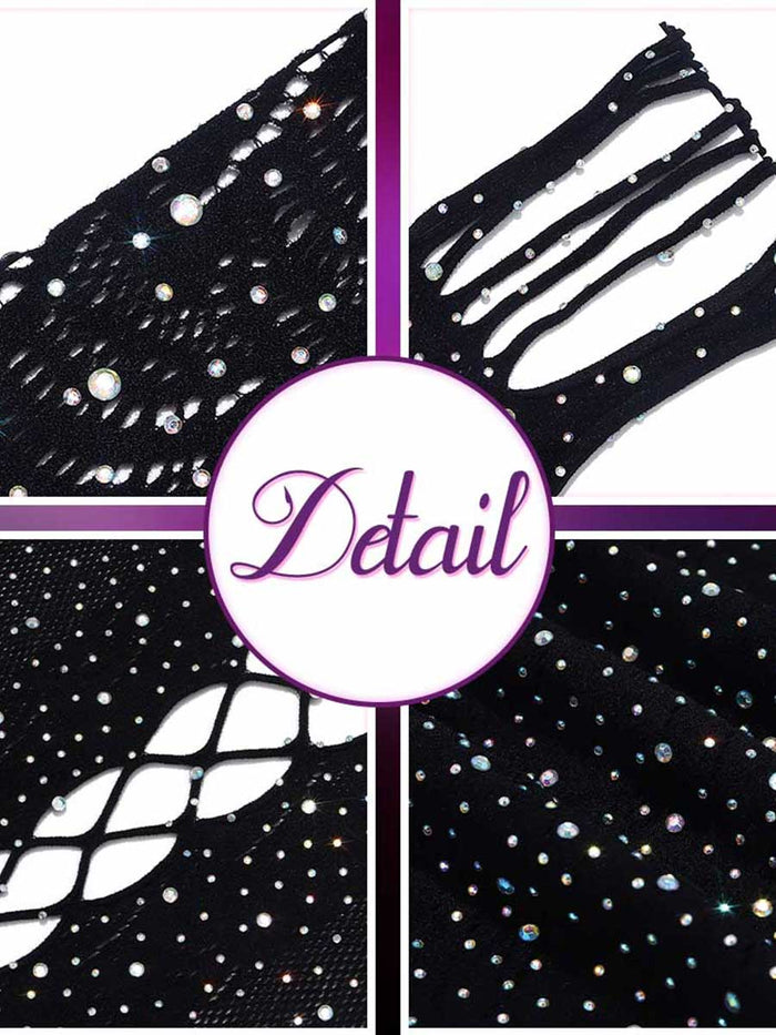 Rhinestone Black Lace Hollow Mini Dress