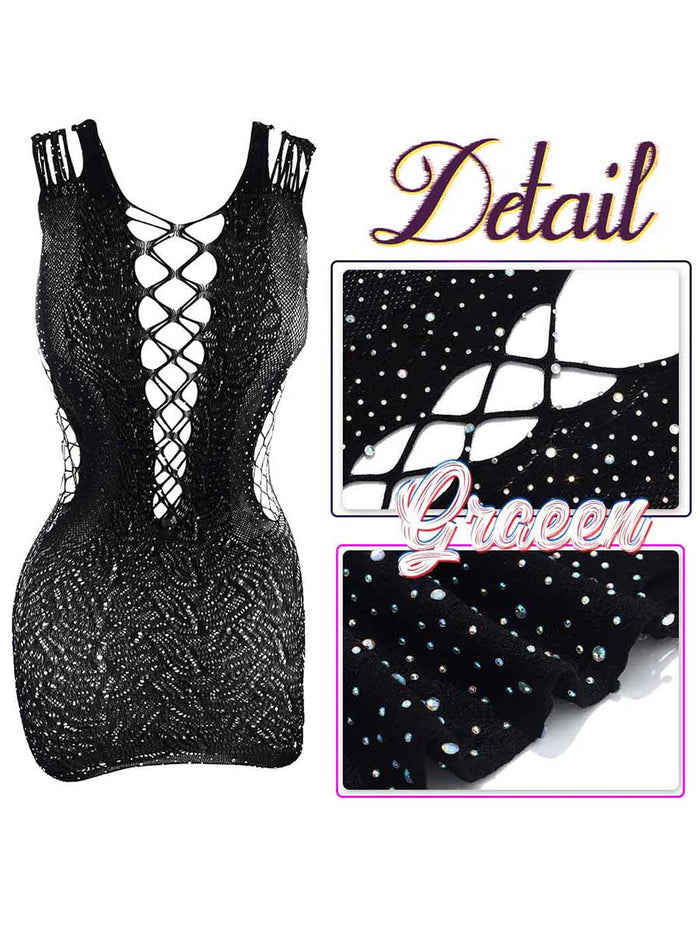 Rhinestone Black Lace Hollow Mini Dress