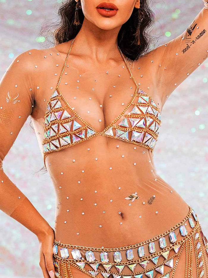 Rhinestone Chain Bra - V-Neck Halter Crystal Bra Top