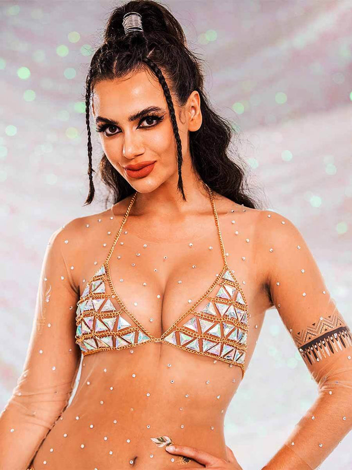 Rhinestone Chain Bra - V-Neck Halter Crystal Bra Top