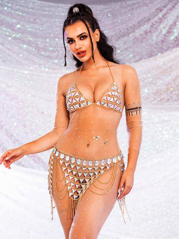 Rhinestone Chain Bra - V-Neck Halter Crystal Bra Top