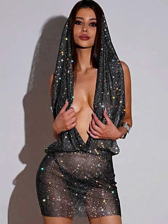 Rhinestone Cover Up Dress - Mesh Hooded Dress