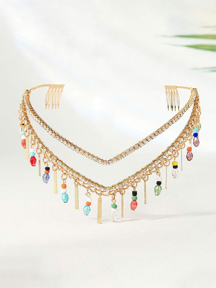 Rhinestone Crown with Colorful Beads & Swinging Tassels