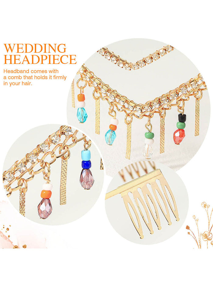 Rhinestone Crown with Colorful Beads & Swinging Tassels