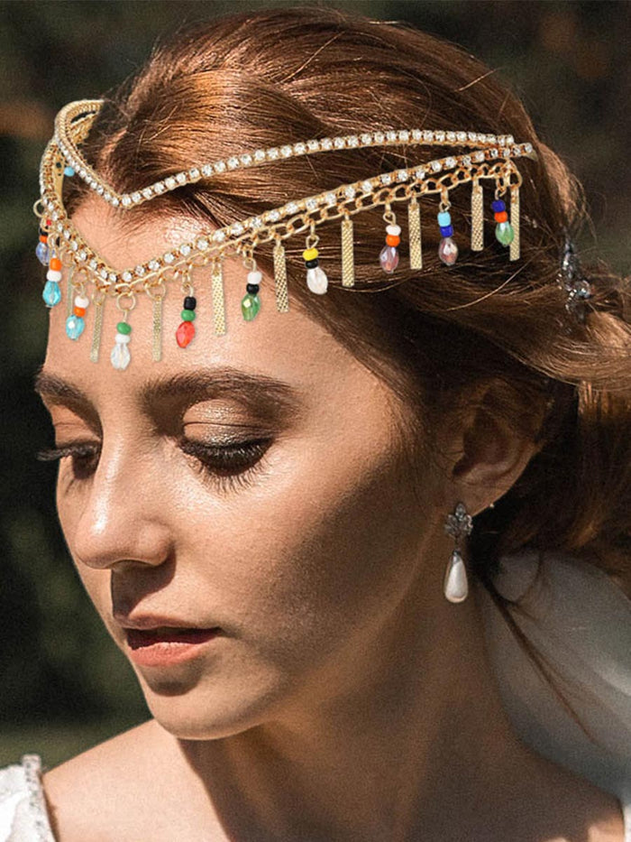 Rhinestone Crown with Colorful Beads & Swinging Tassels