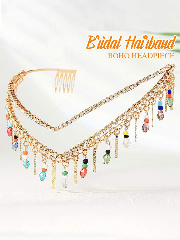 Rhinestone Crown with Colorful Beads & Swinging Tassels