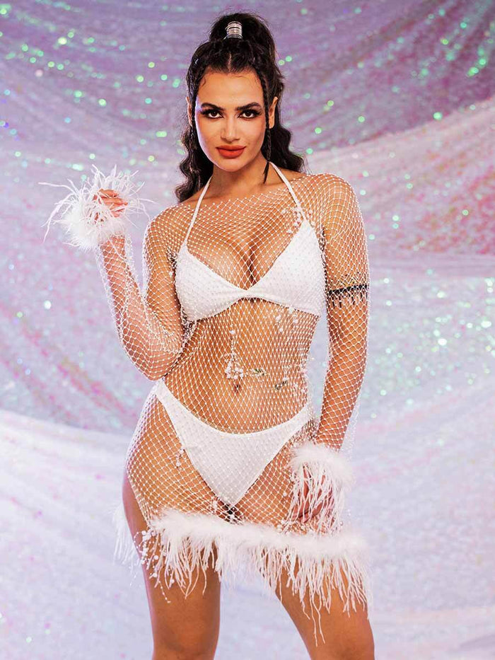 Rhinestone Dress With Feathers - Mesh Pearl Dress