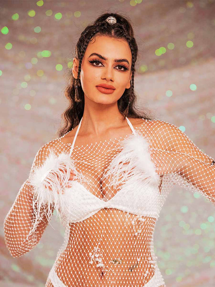 Rhinestone Dress With Feathers - Mesh Pearl Dress