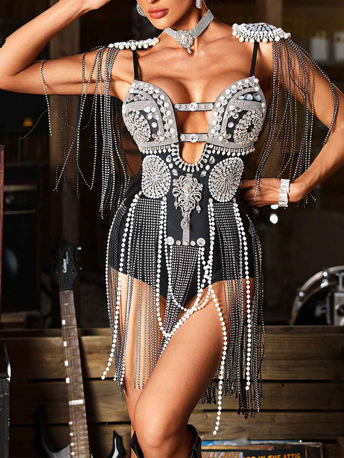 Rhinestone Fringe Cut-Out Bodysuit (Luxury)