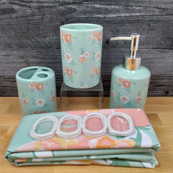 Rose Bathroom Set Design Toothbrush Holder Soap Dispenser Shower Curtain
