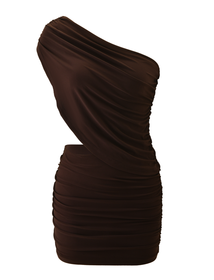 The TIGERMIST RYLAND DRAPED MINI DRESS in chocolate features a fitted, one-shoulder design with ruched detailing and an asymmetric neckline, shown on a plain white background.