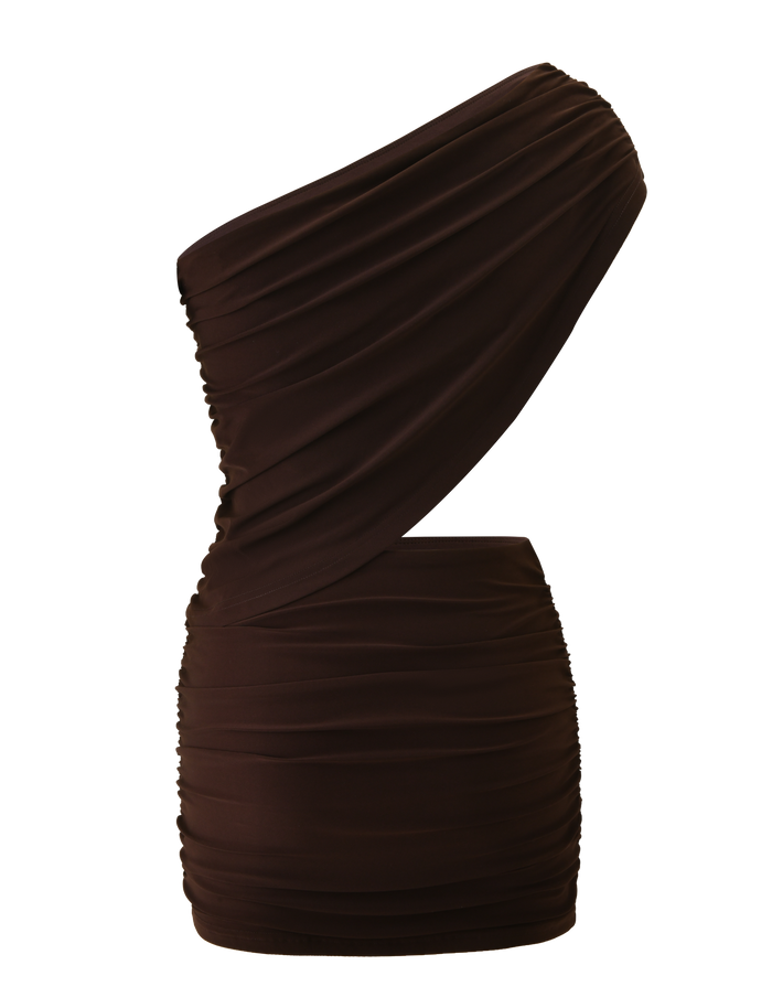 The TIGERMIST RYLAND DRAPED MINI DRESS in chocolate features a fitted silhouette, ruched mini skirt, and an asymmetrical one-shoulder neckline, shown against a plain white background.