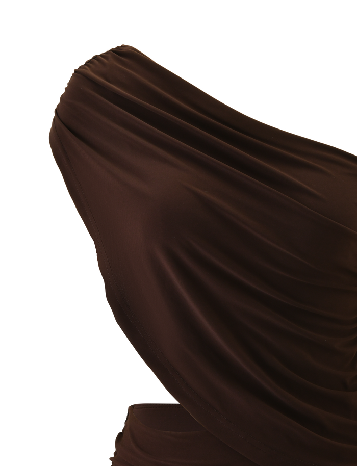 Close-up of the TIGERMIST RYLAND DRAPED MINI DRESS in chocolate, featuring a one-shoulder draped design and gathered fabric for soft folds and a smooth texture, shown against a white background.