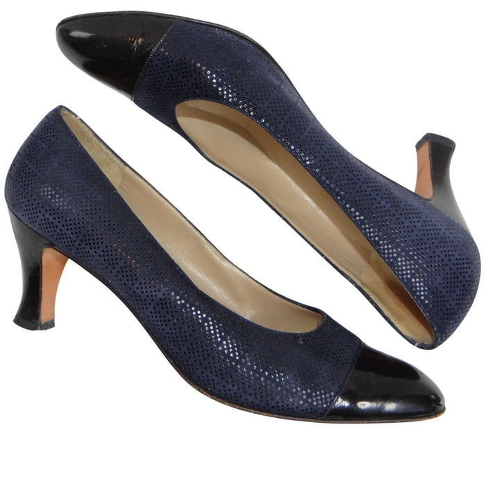 Salvatore Ferragamo Navy Suede Cap Toe Block Heel Pumps Shoes Womens Size 9 AA0