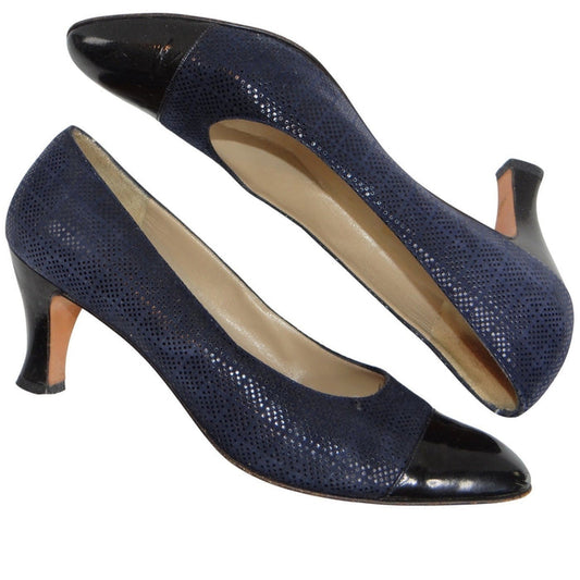 Salvatore Ferragamo Navy Suede Cap Toe Block Heel Pumps Shoes Womens Size 9 AA0