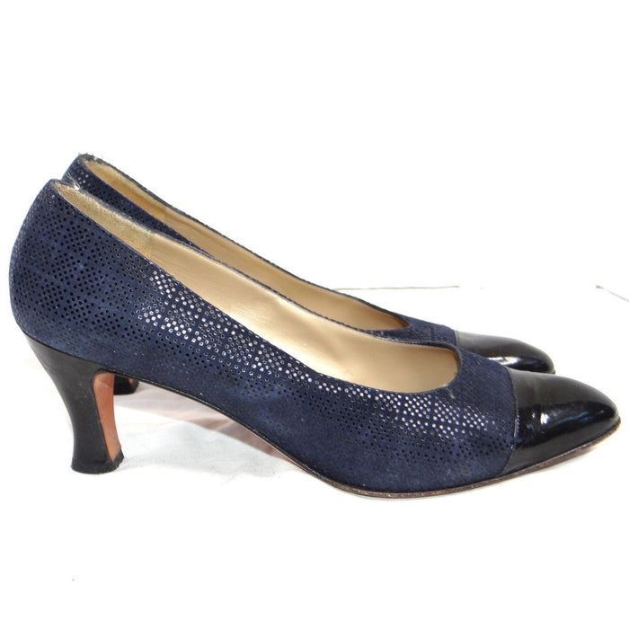 Salvatore Ferragamo Navy Suede Cap Toe Block Heel Pumps Shoes Womens Size 9 AA2