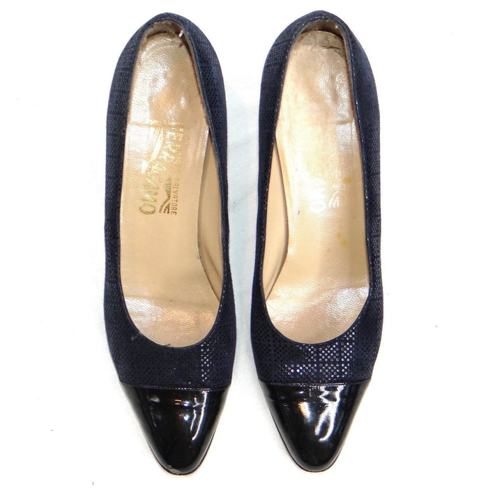 Salvatore Ferragamo Navy Suede Cap Toe Block Heel Pumps Shoes Womens Size 9 AA4