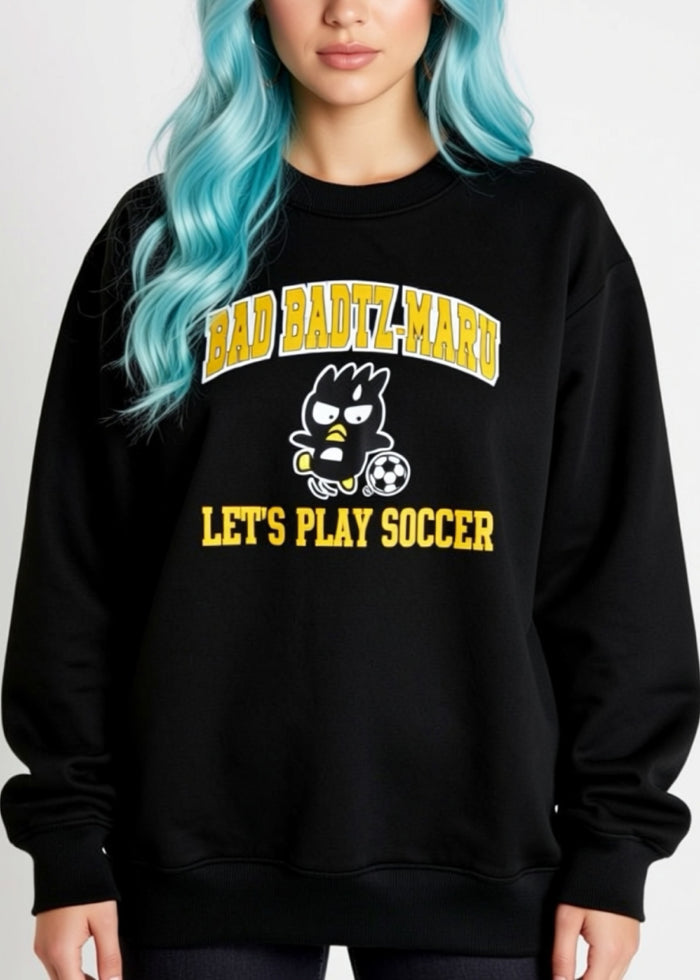 Sanrio Badtz Maru Soccer Time Black Pullover in black with Badtz Maru soccer graphic on rave festival pullover hoodie — model view