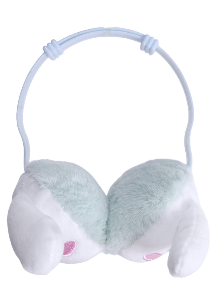 Sanrio Cinnamoroll 3D Plush Earmuff in white with 3D Cinnamoroll plush ear cups on rave festival earmuff accessory — flat view