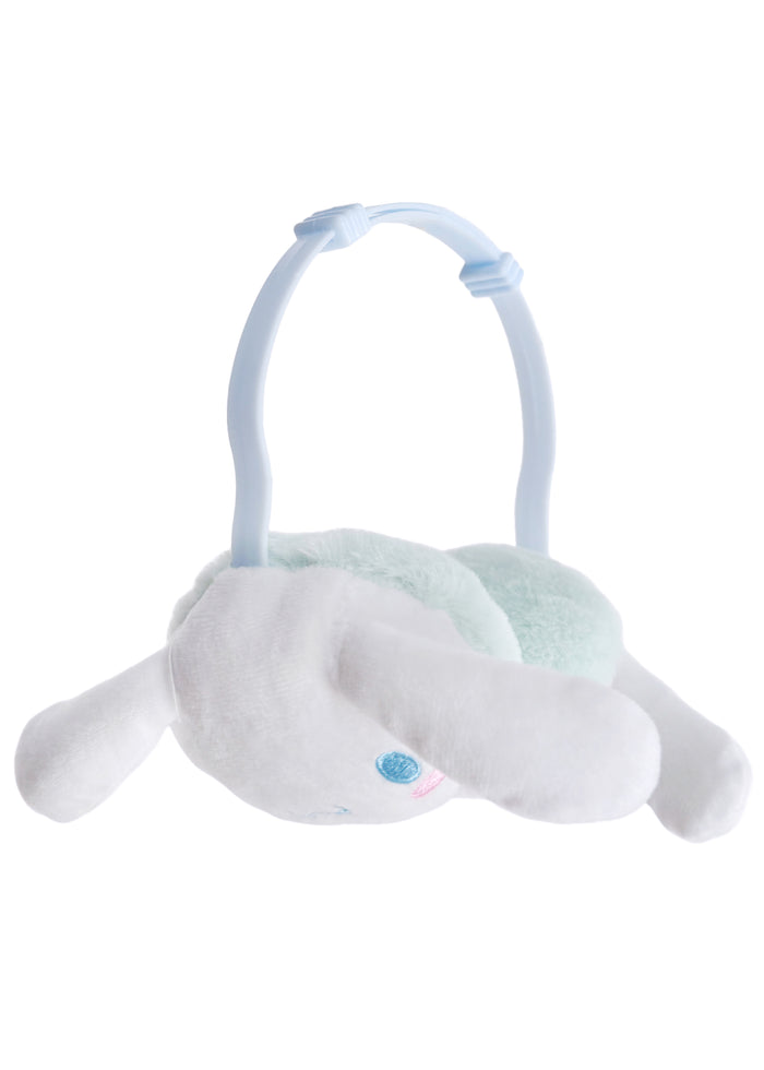 Sanrio Cinnamoroll 3D Plush Earmuff in white with 3D Cinnamoroll plush ear cups on rave festival earmuff accessory — front view