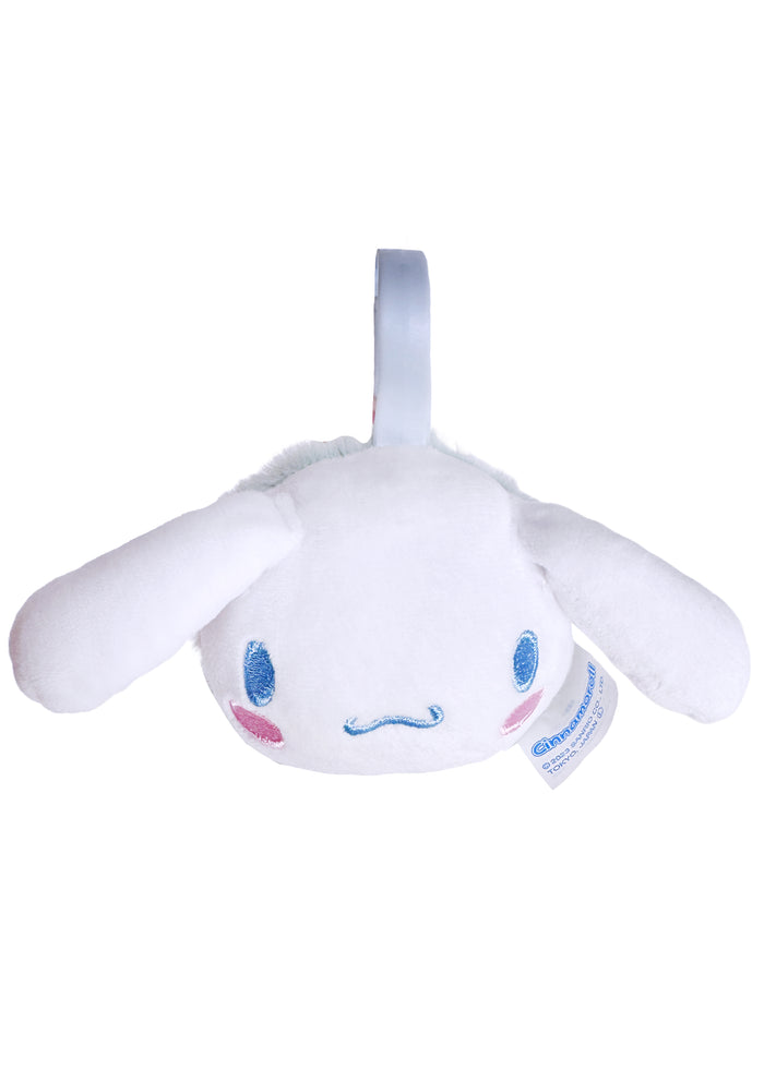 Sanrio Cinnamoroll 3D Plush Earmuff in white with 3D Cinnamoroll plush ear cups on rave festival earmuff accessory — plush detail view
