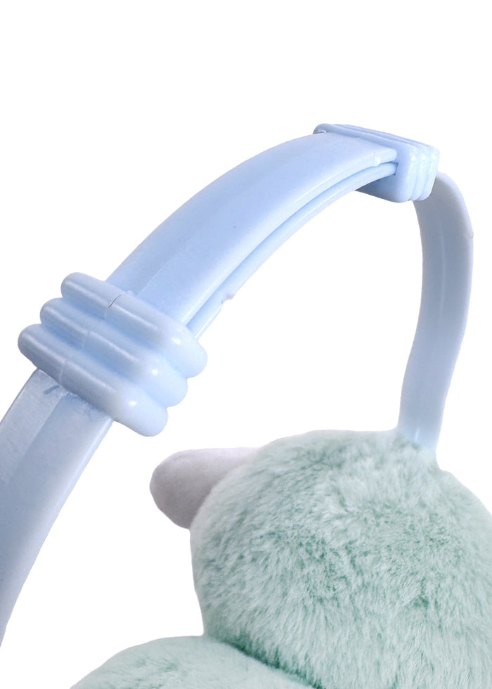 Sanrio Cinnamoroll 3D Plush Earmuff in white with 3D Cinnamoroll plush ear cups on rave festival earmuff accessory — side detail view
