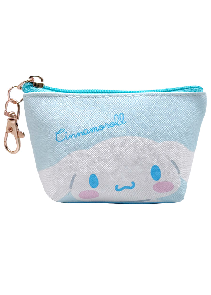 Sanrio Cinnamoroll Big Face Mini Coin Pouch in blue with full-front Cinnamoroll face on soft plush mini coin pouch — front view