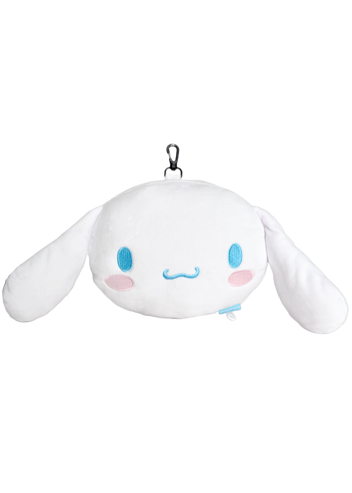 Sanrio Cinnamoroll Big Face Plush Travel Pillow in white with full-front Cinnamoroll face on soft plush travel neck pillow — front view